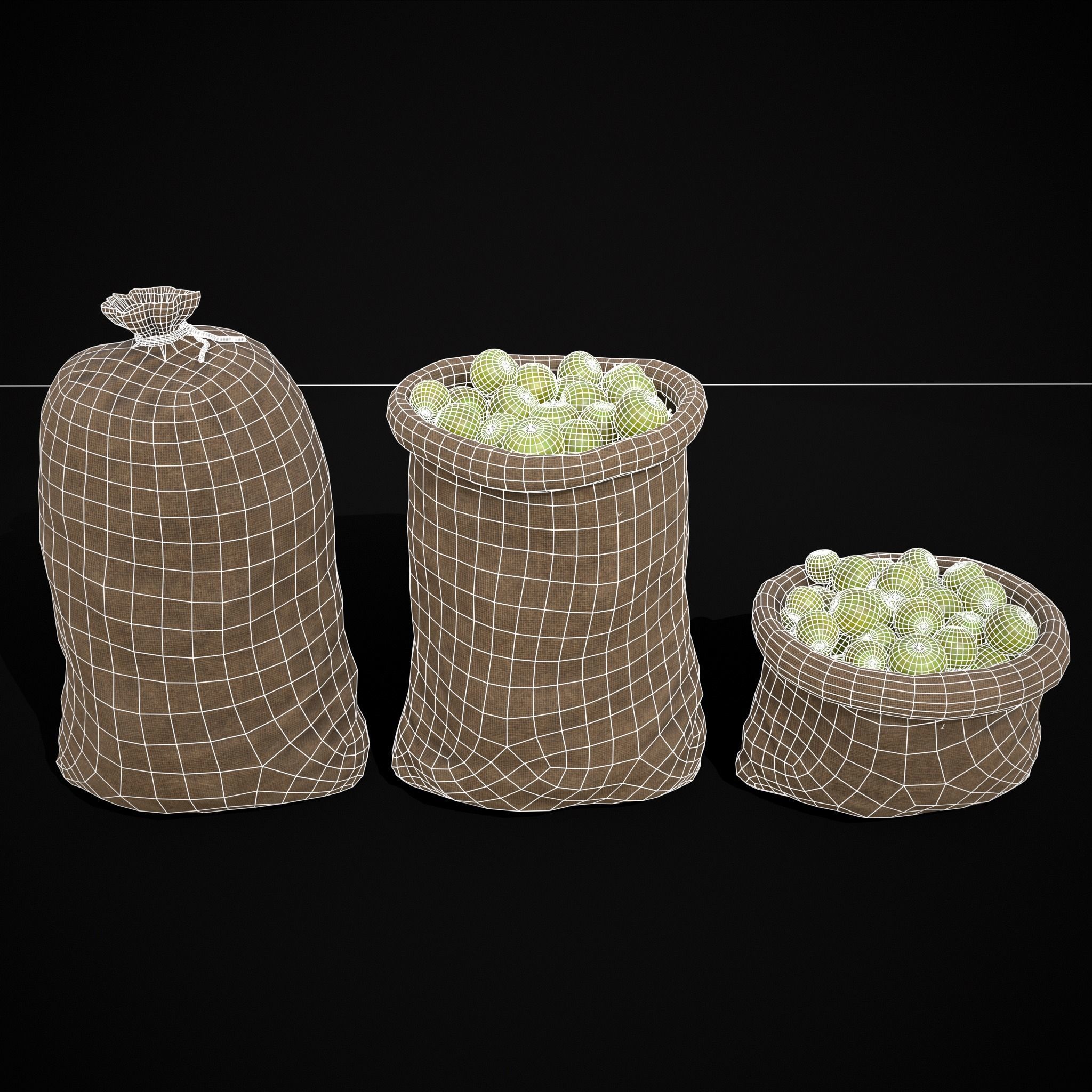 Burlap Sacks of Green Apples Low-poly 3D model_2