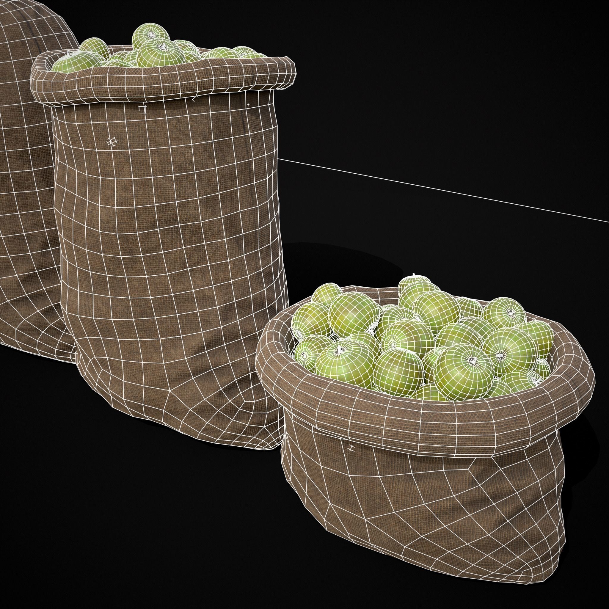 Burlap Sacks of Green Apples Low-poly 3D model_14