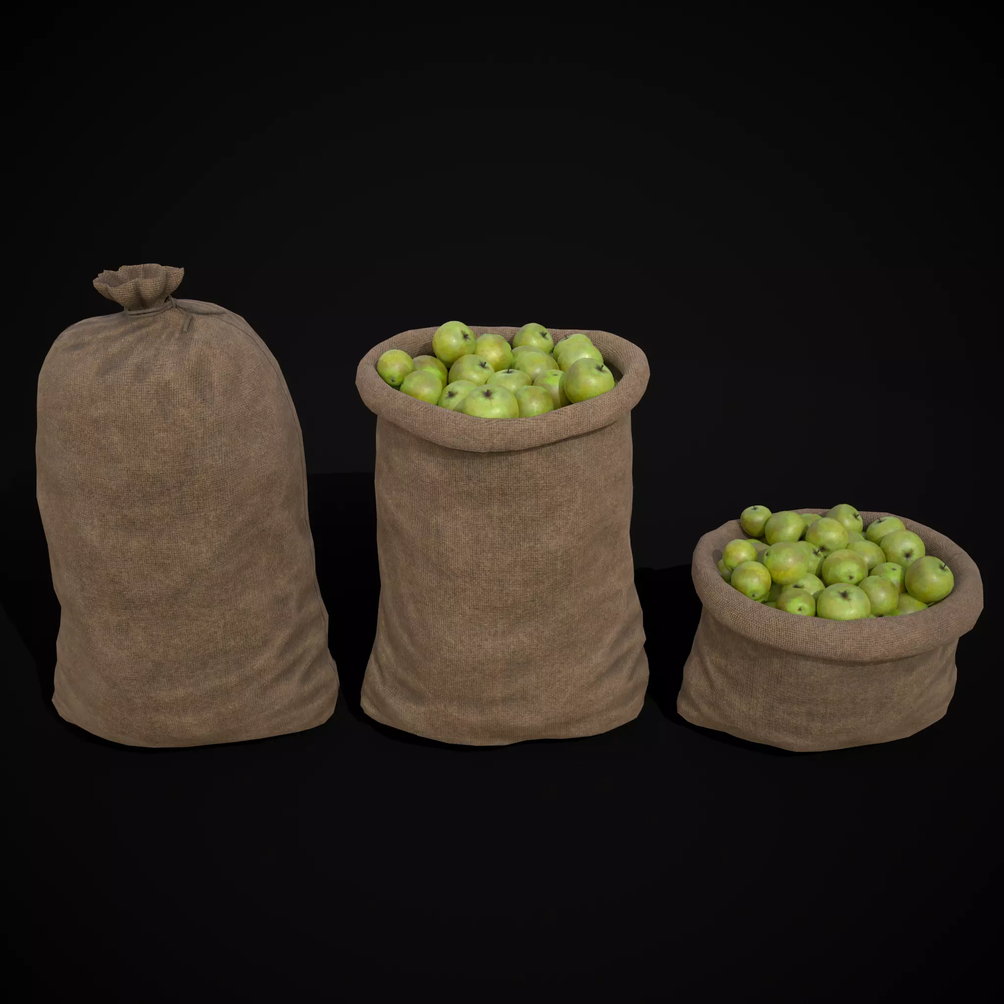 Burlap Sacks of Green Apples Low-poly 3D model_0