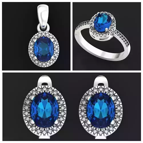 set Oval Diamond pave earrings ring pendant sapphiere
