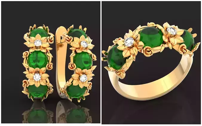 set flowers earrings  ring rose and cabachon