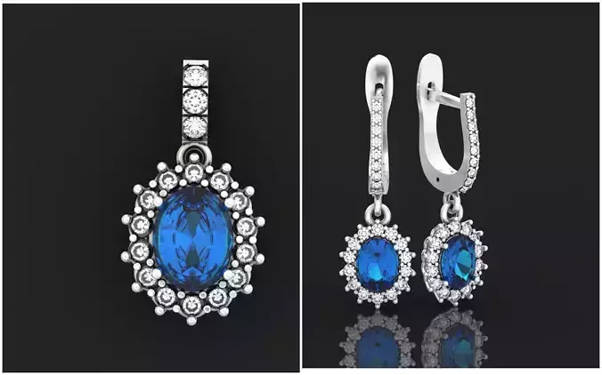 set Earring and ring  oval Style Dangle 3D Model Collection
