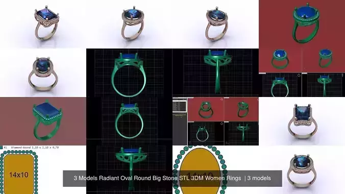 3 Models Radiant Oval Round Big Stone STL 3DM Women Rings 