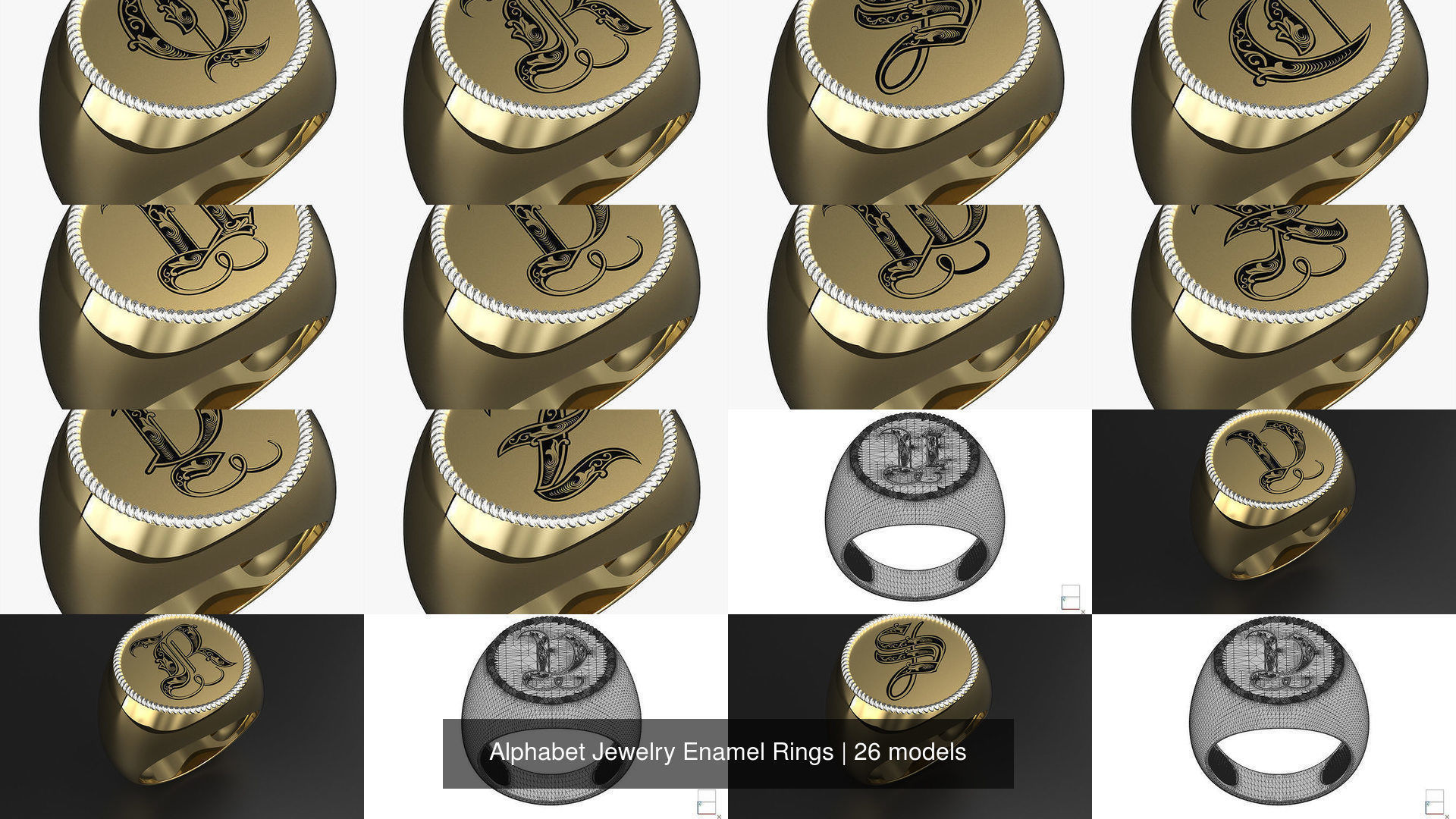 Alphabet Jewelry Enamel Rings 3D Model Collection_3
