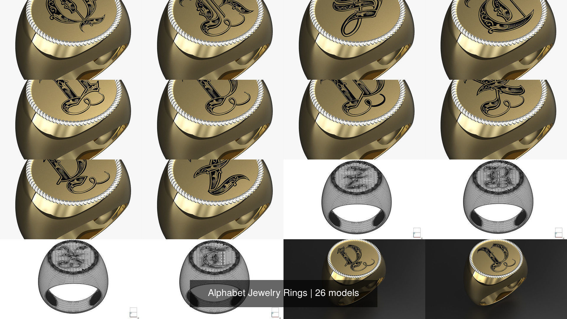 Alphabet Jewelry Enamel Rings 3D Model Collection_4