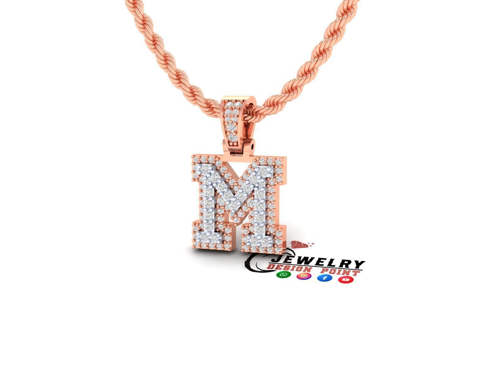 Custom Initial M Letter Diamond Pendant A to Z Alphabet Necklace 3D print model_3