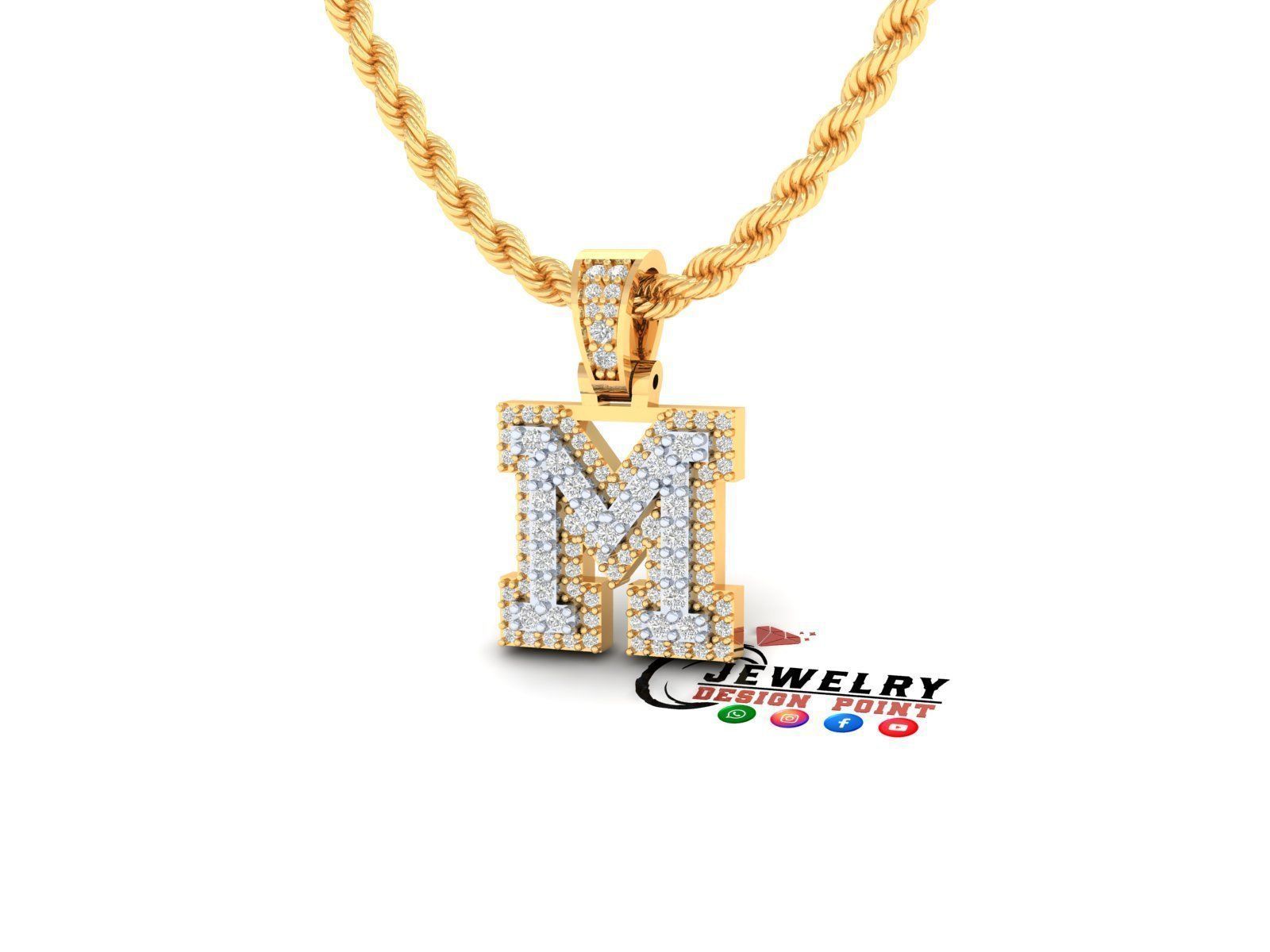 Custom Initial M Letter Diamond Pendant A to Z Alphabet Necklace 3D print model_2