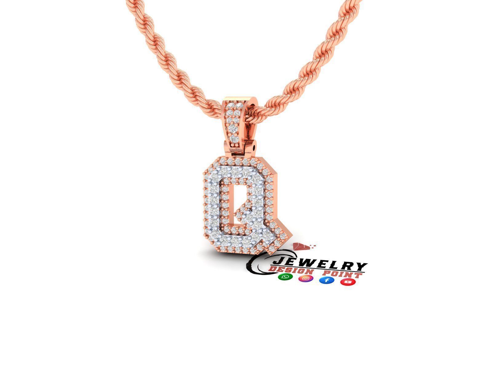 Custom Initial Q Letter Diamond Pendant A to Z Alphabet Necklace 3D print model_3