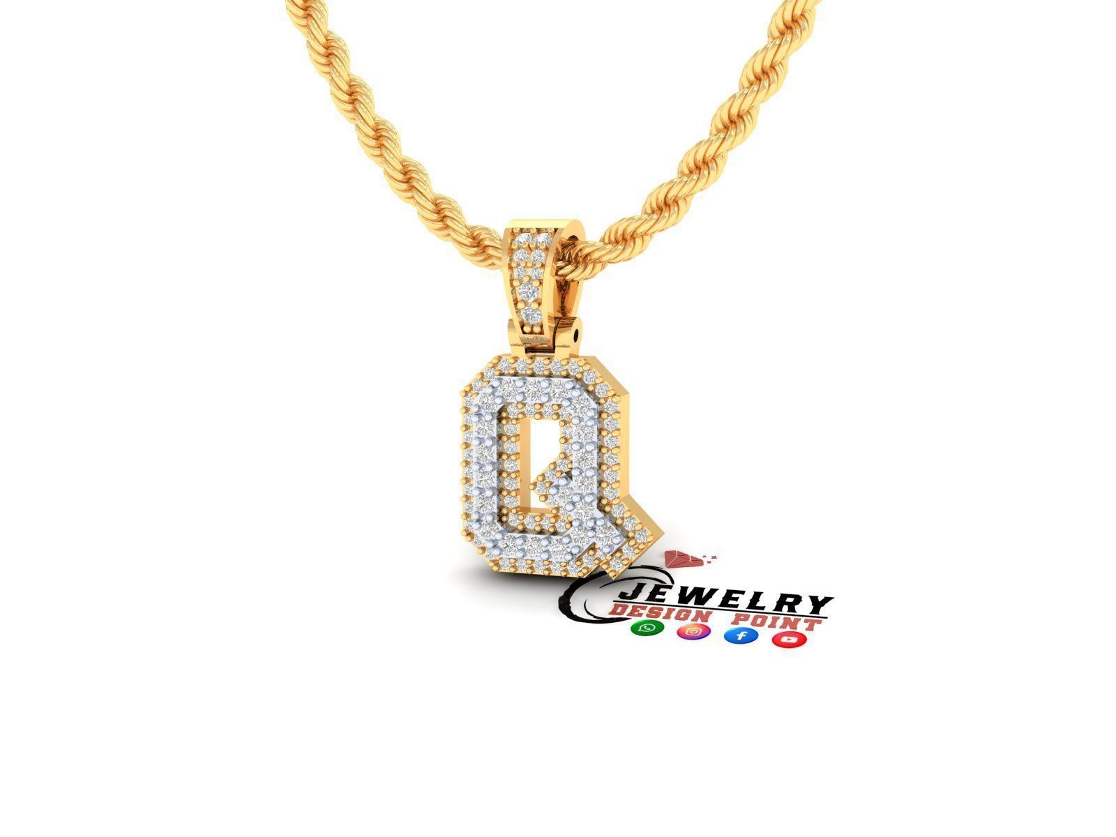 Custom Initial Q Letter Diamond Pendant A to Z Alphabet Necklace 3D print model_2