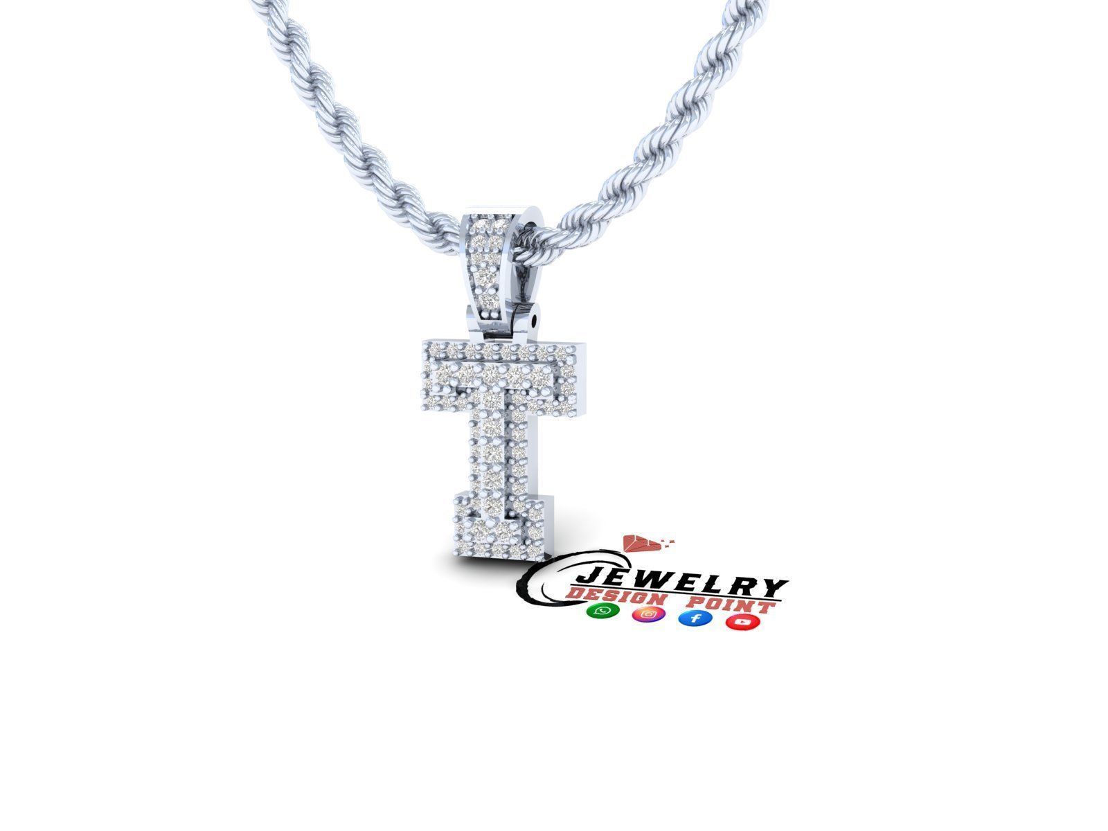Custom Initial T Letter Diamond Pendant A to Z Alphabet Necklace 3D print model_3