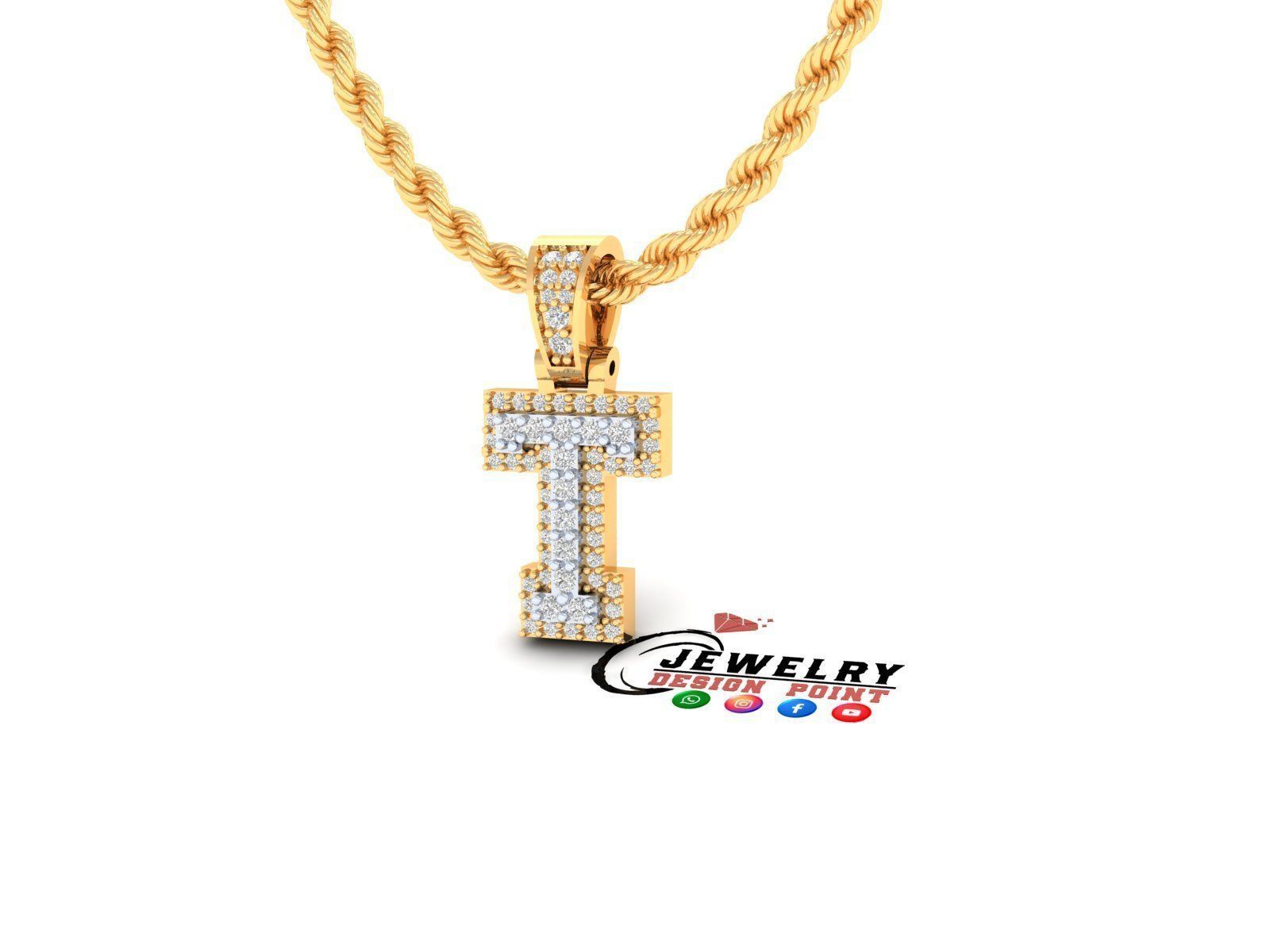 Custom Initial T Letter Diamond Pendant A to Z Alphabet Necklace 3D print model_2