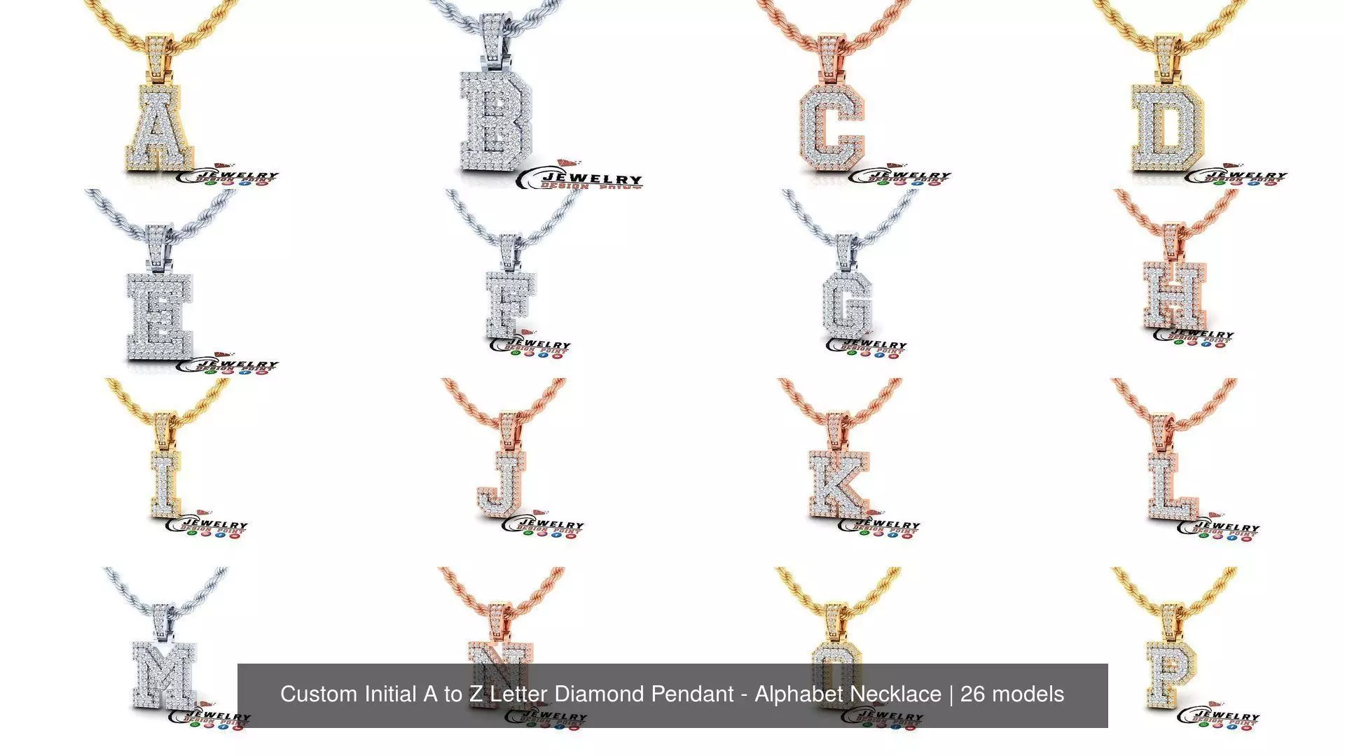 Custom Initial A to Z Letter Diamond Pendant - Alphabet Necklace 3D Model Collection_0