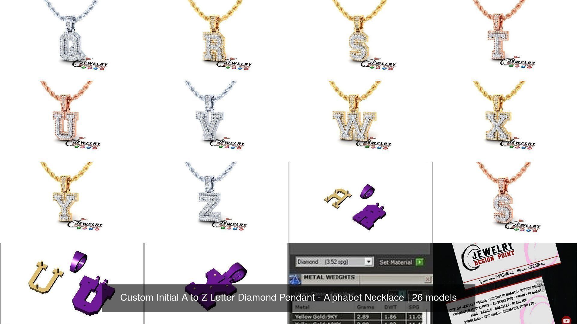 Custom Initial A to Z Letter Diamond Pendant - Alphabet Necklace 3D Model Collection_28