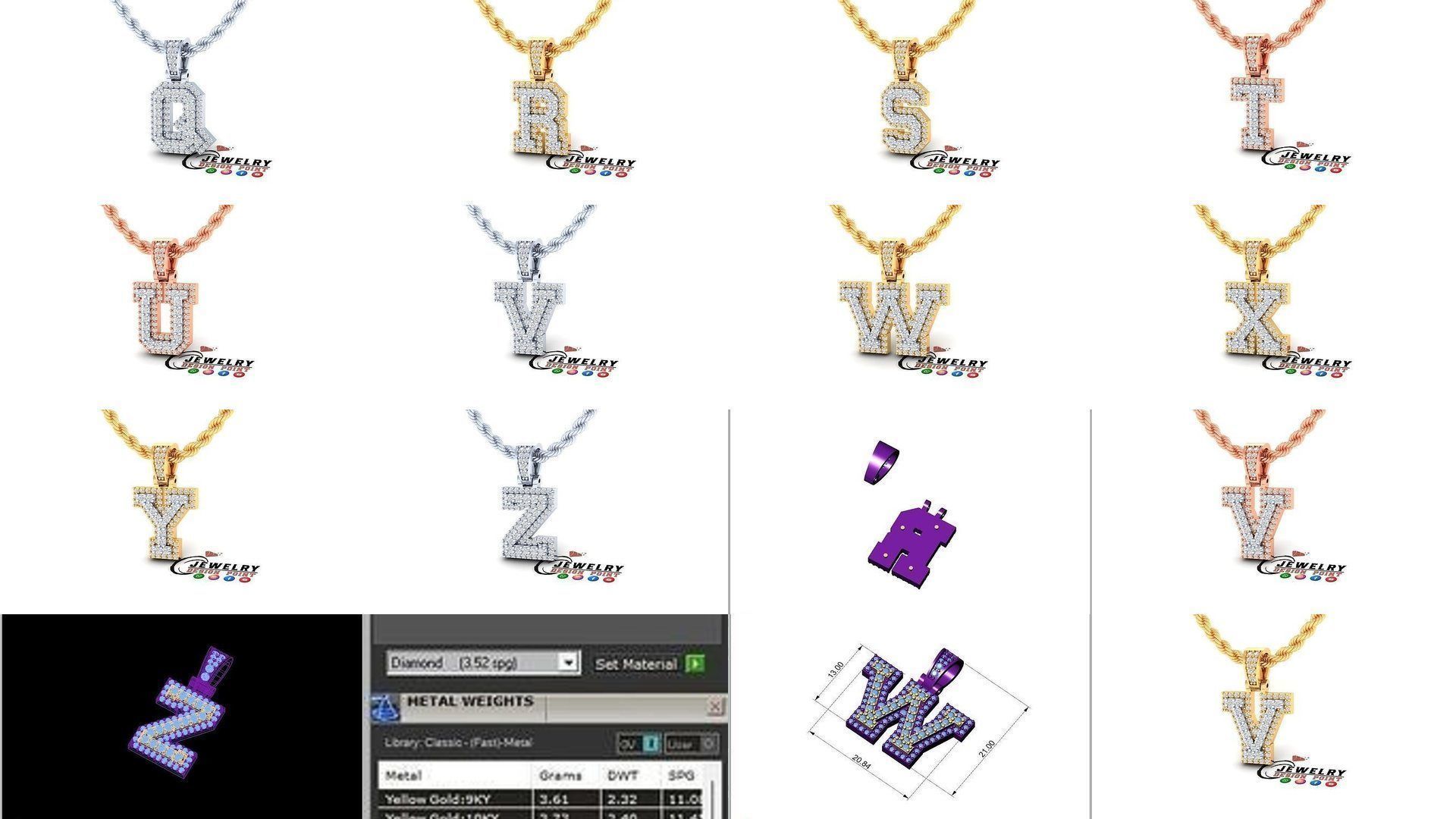 Custom Initial A to Z Letter Diamond Pendant - Alphabet Necklace 3D Model Collection_27
