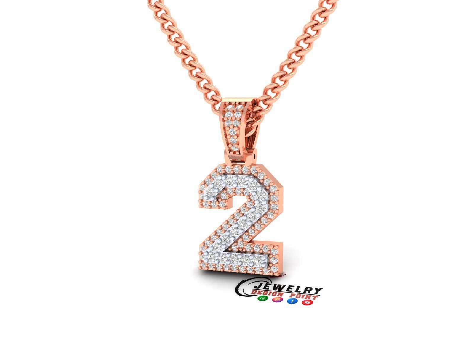Custom Number 2 Letter Diamond Pendant 0 to 9 Initial Necklace 3D print model_2
