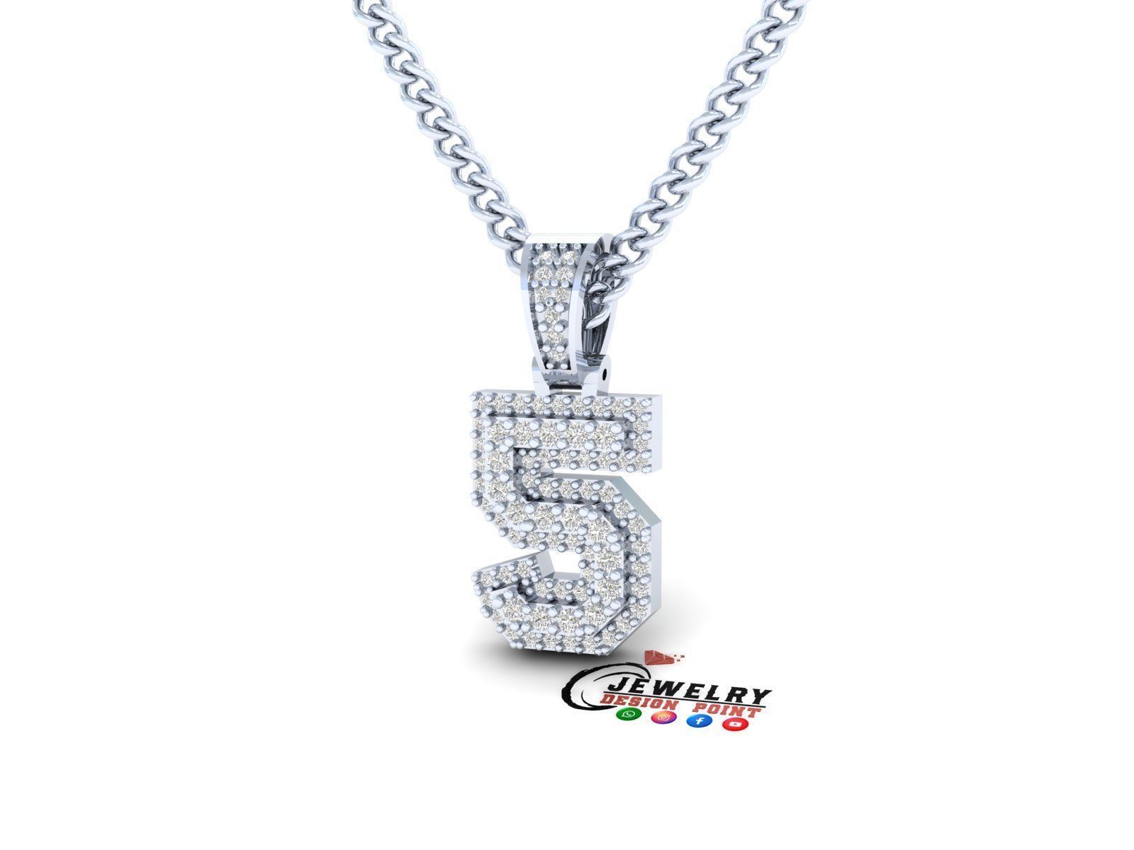 Custom Number 5 Letter Diamond Pendant 0 to 9 Initial Necklace 3D print model_3