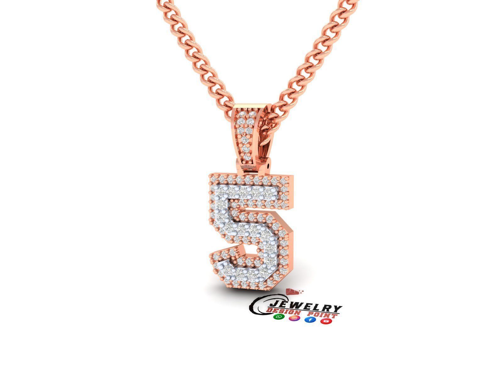 Custom Number 5 Letter Diamond Pendant 0 to 9 Initial Necklace 3D print model_2