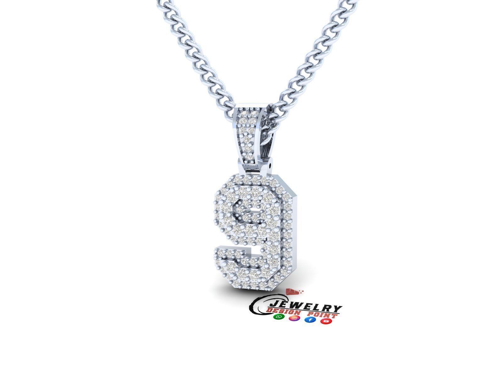 Custom Number 9 Letter Diamond Pendant 0 to 9 Initial Necklace 3D print model_3