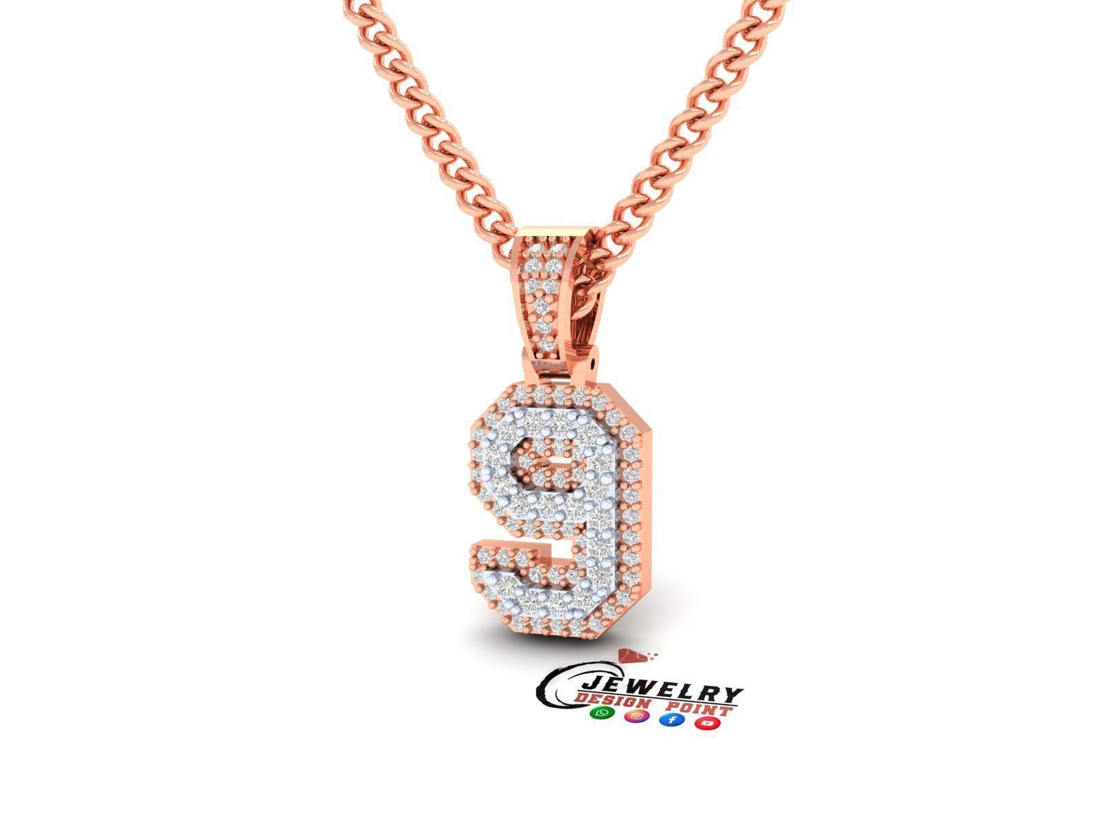 Custom Number 9 Letter Diamond Pendant 0 to 9 Initial Necklace 3D print model_2