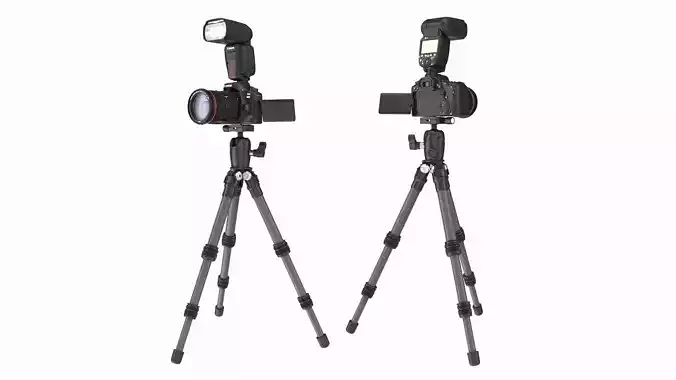 Canon DSLR Camera with flash on a Tripod 3D model