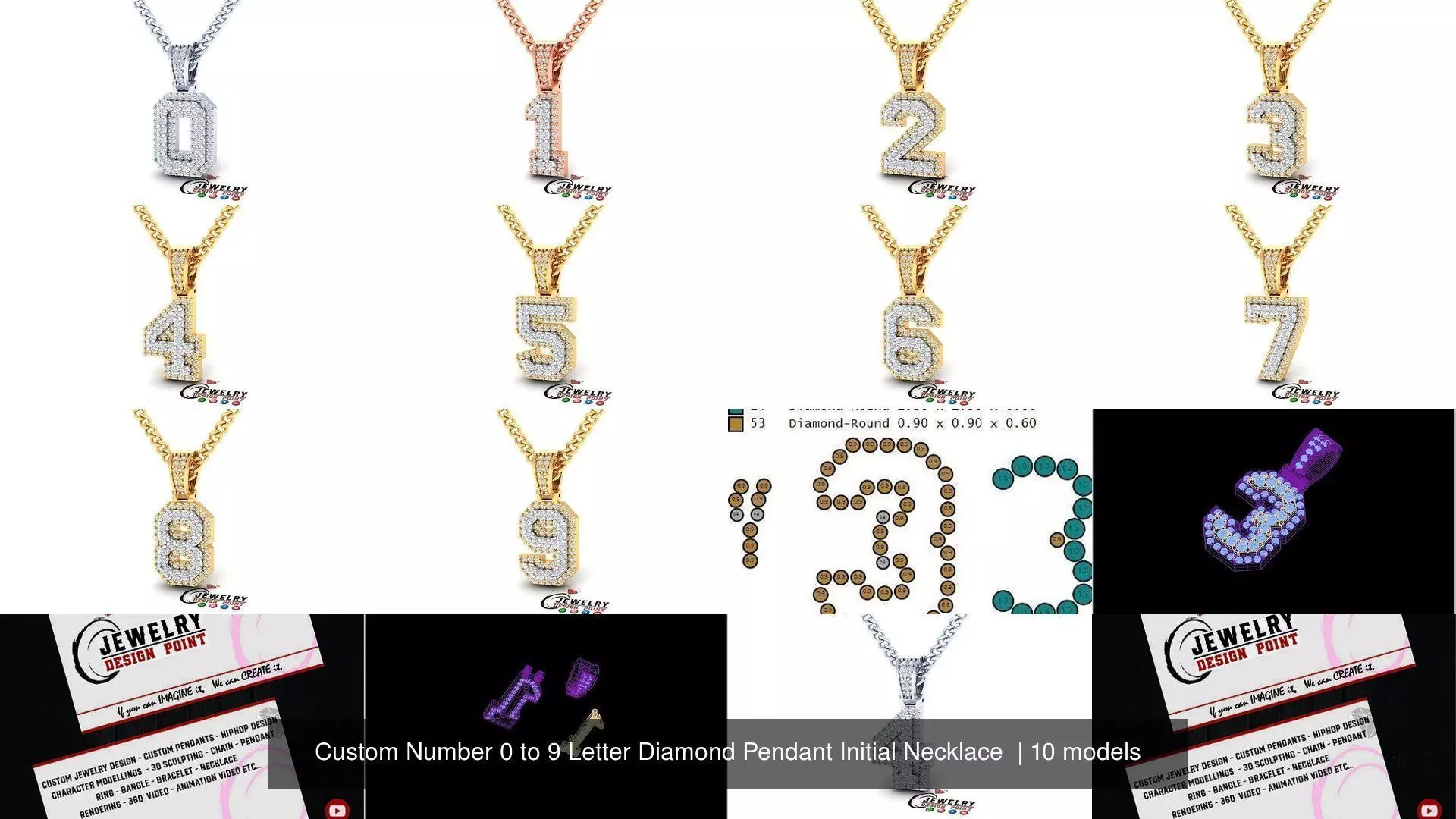 Custom Number 0 to 9 Letter Diamond Pendant Initial Necklace  3D Model Collection_0