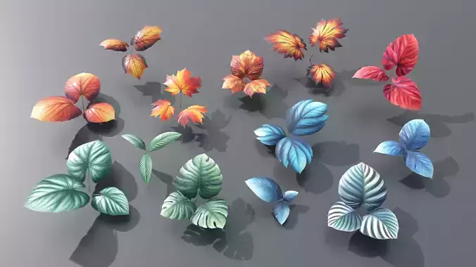 Types texture of leaves and trees low poly