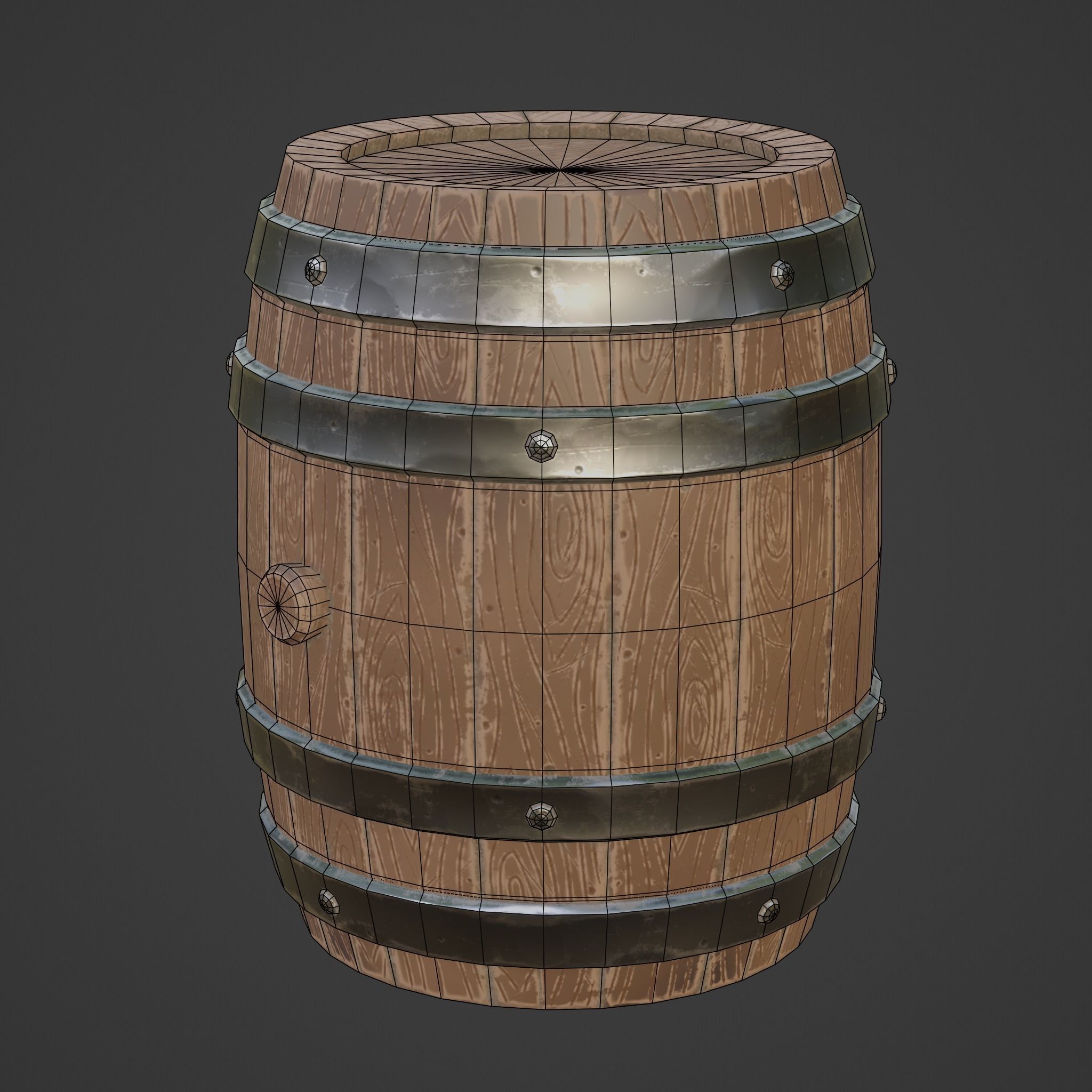 Stylized wooden Barrel with metal rings PBR low-poly game ready Low-poly 3D model_5