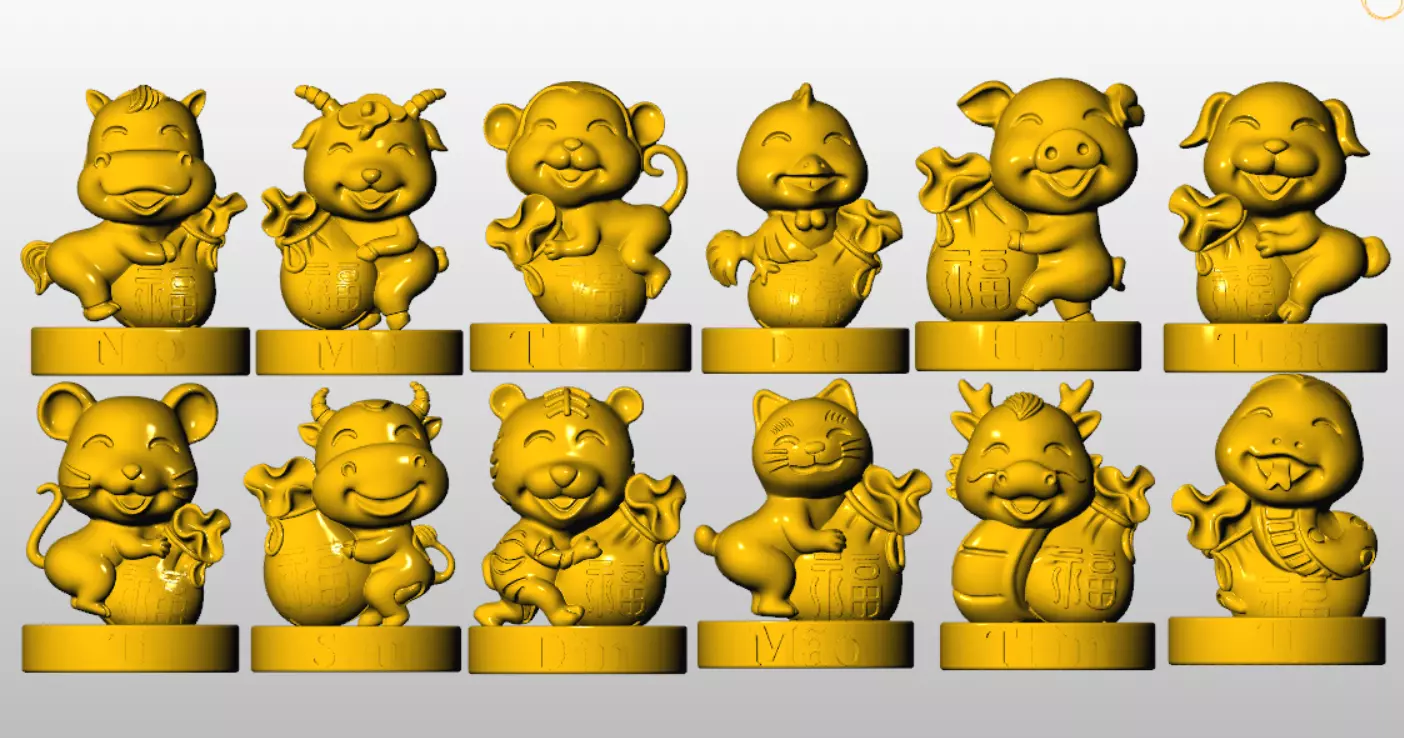 Chinese Zodiac 12 funny animals Chinese style money bag con giap 3D print model