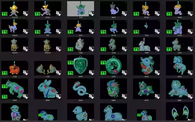 Diamond pendants shaped like mascots and animals