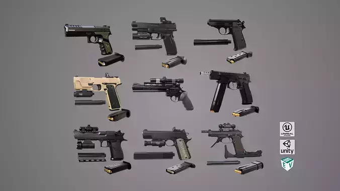 9 pistol Rigged Collection 02 All PBR Unity UE Textures 
