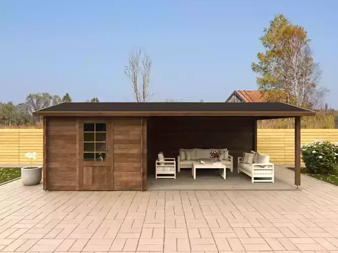 Garden shed with wooden canopy in exterior garden