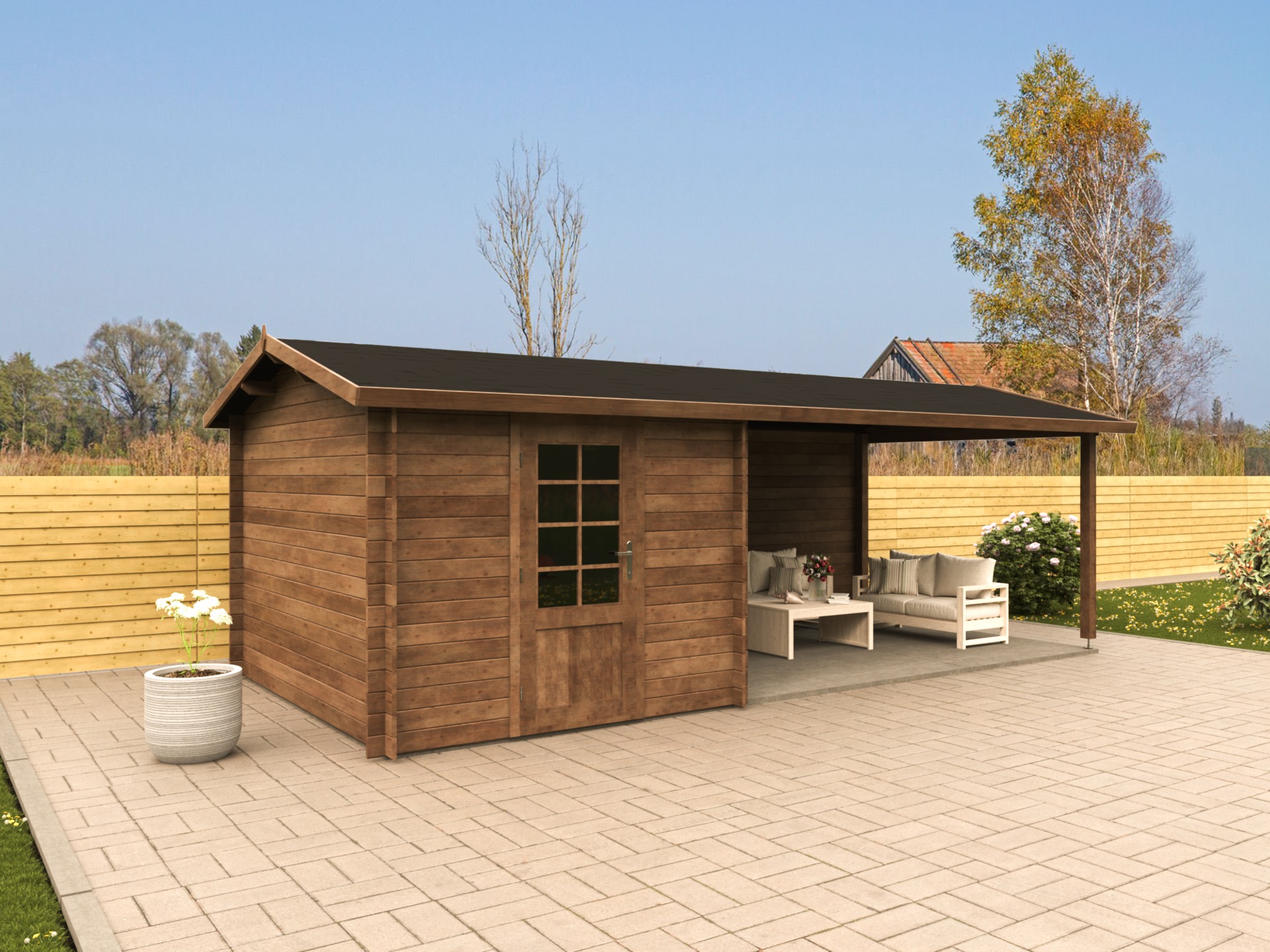 Garden shed with wooden canopy in exterior garden Low-poly 3D model_1