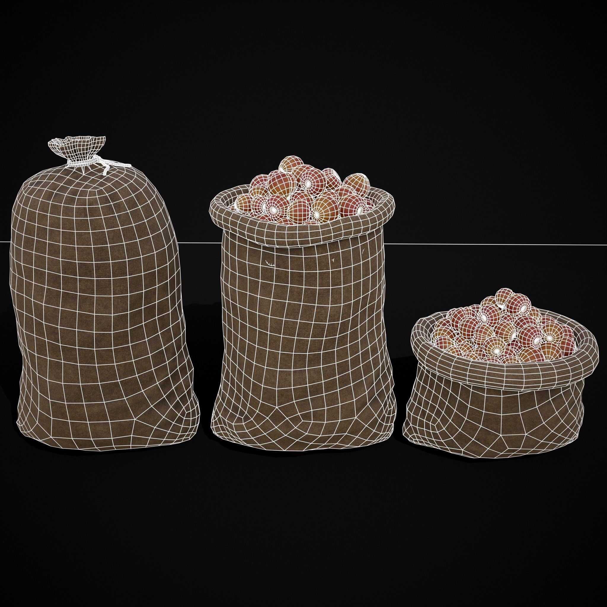 Burlap Sacks of Peaches Low-poly 3D model_2