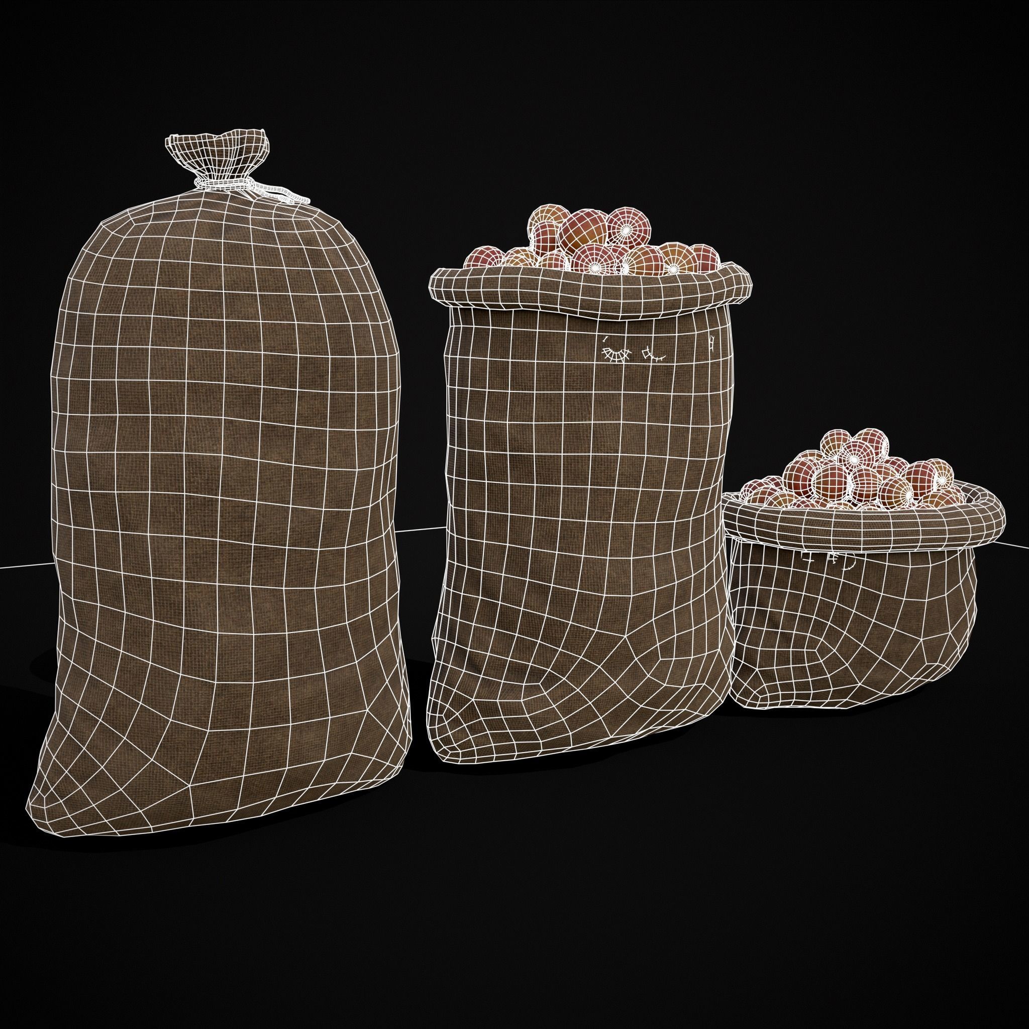 Burlap Sacks of Peaches Low-poly 3D model_10