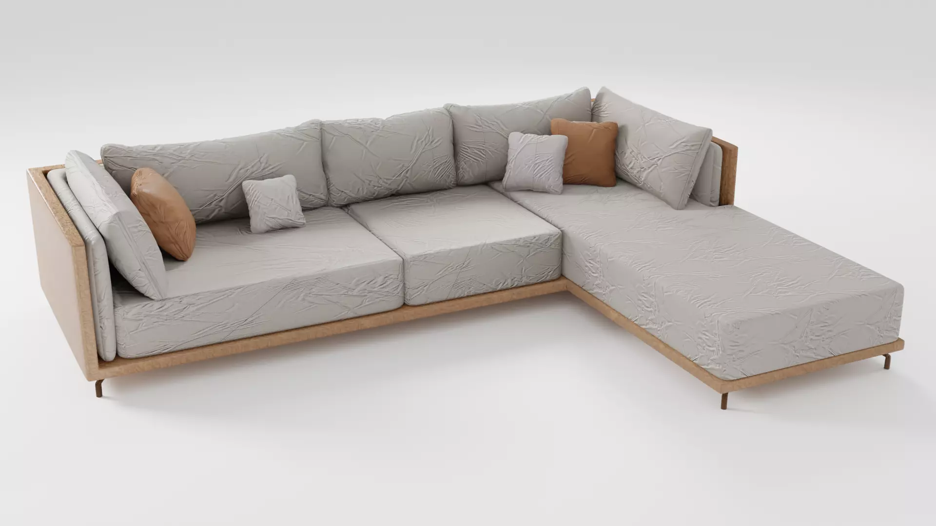 Fabric sofa on a wooden base in beige tones 3D model_0