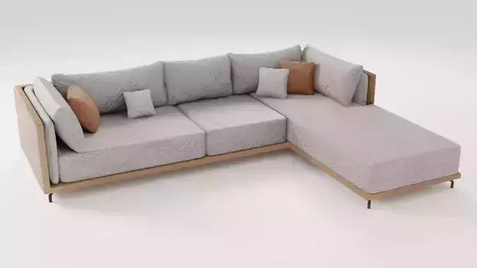 Fabric sofa on a wooden base in beige tones