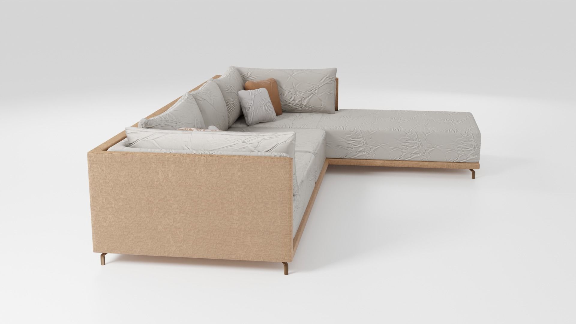 Fabric sofa on a wooden base in beige tones 3D model_1