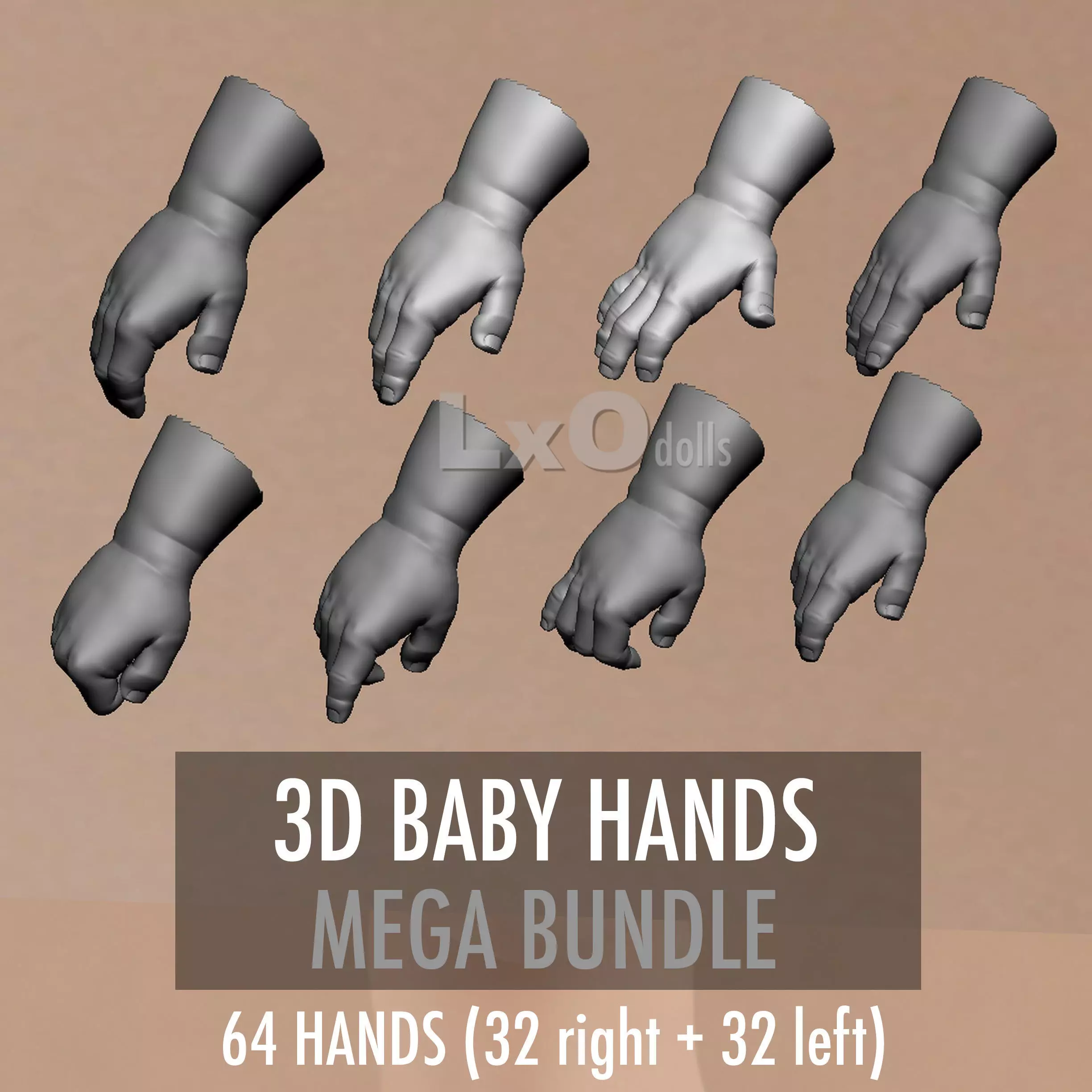 3D BABY HANDS Mega Bundle 64 hands OBJ  3D model_0