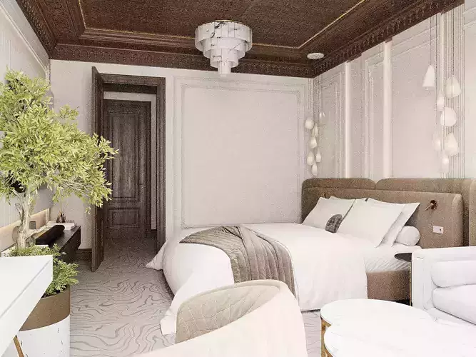 Bedroom and bathroom interior scene