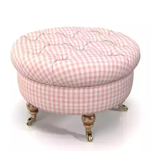 Upholstered Pink Gingham Round Ottoman PBR