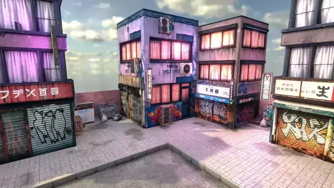 CyberPunk 3d scene modelgrafiti builds