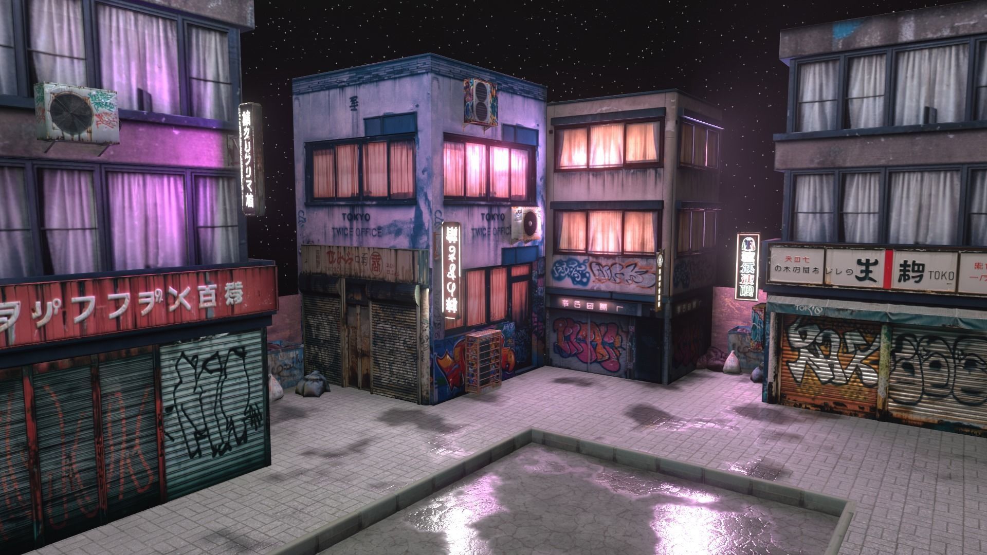 CyberPunk 3d scene modelgrafiti builds Low-poly 3D model_6