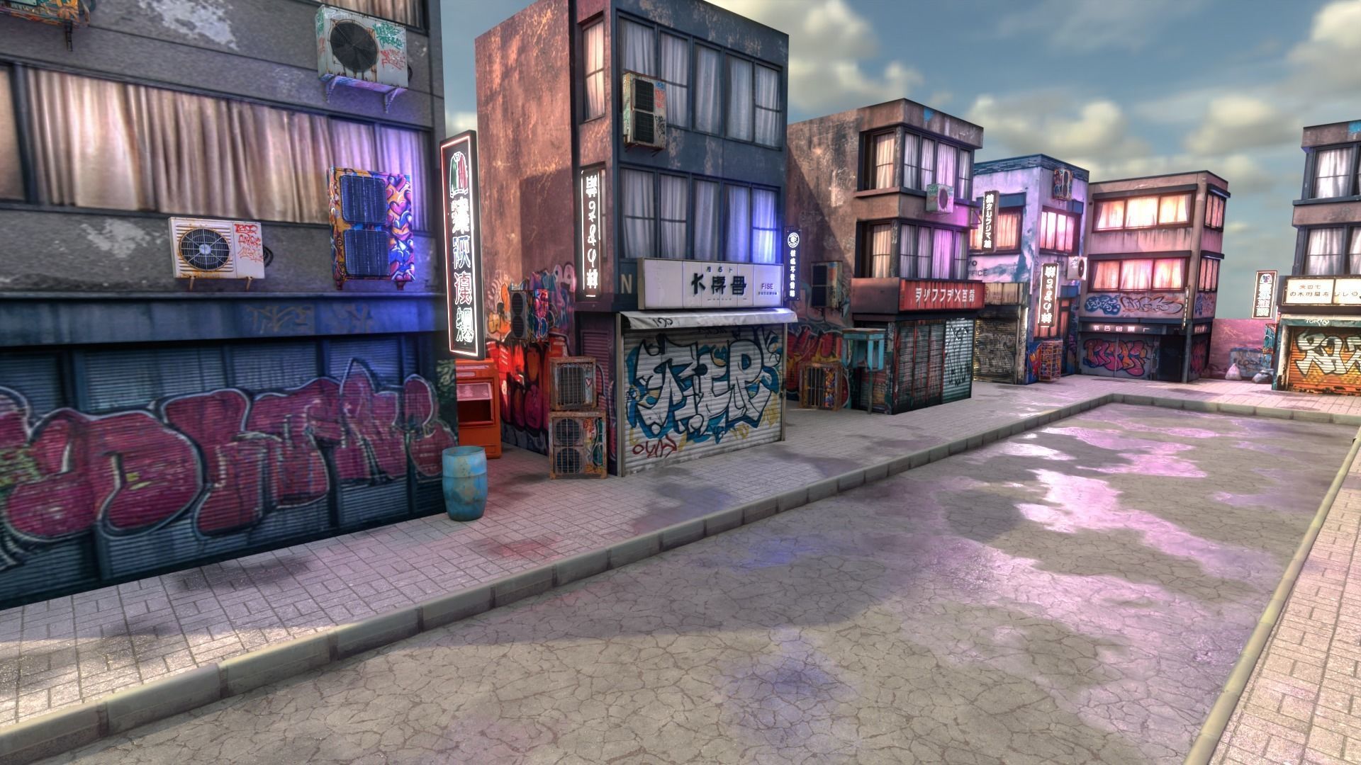 CyberPunk 3d scene modelgrafiti builds Low-poly 3D model_3