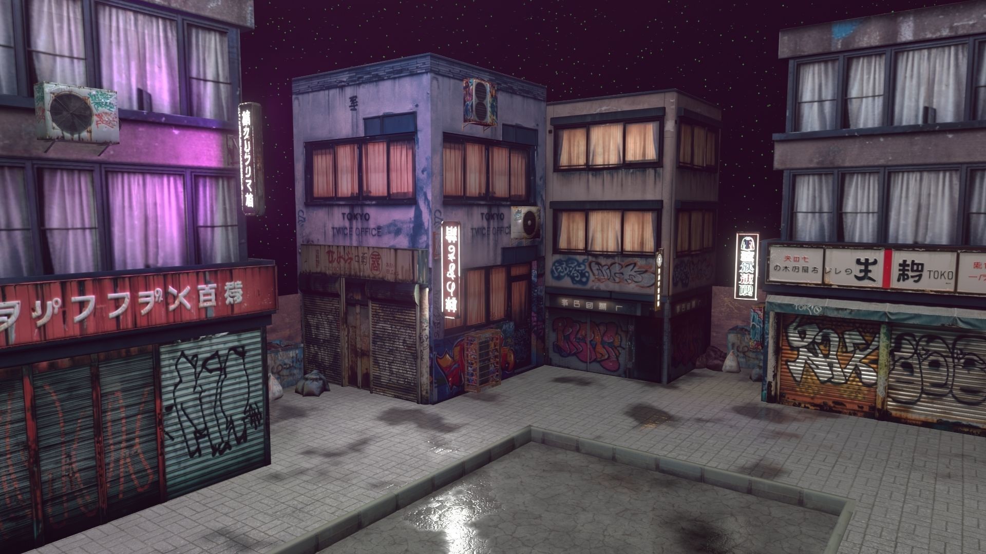 CyberPunk 3d scene modelgrafiti builds Low-poly 3D model_1