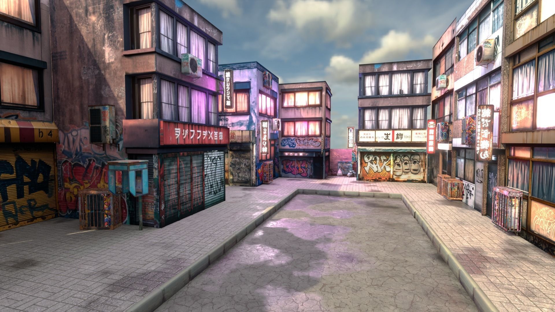 CyberPunk 3d scene modelgrafiti builds Low-poly 3D model_7