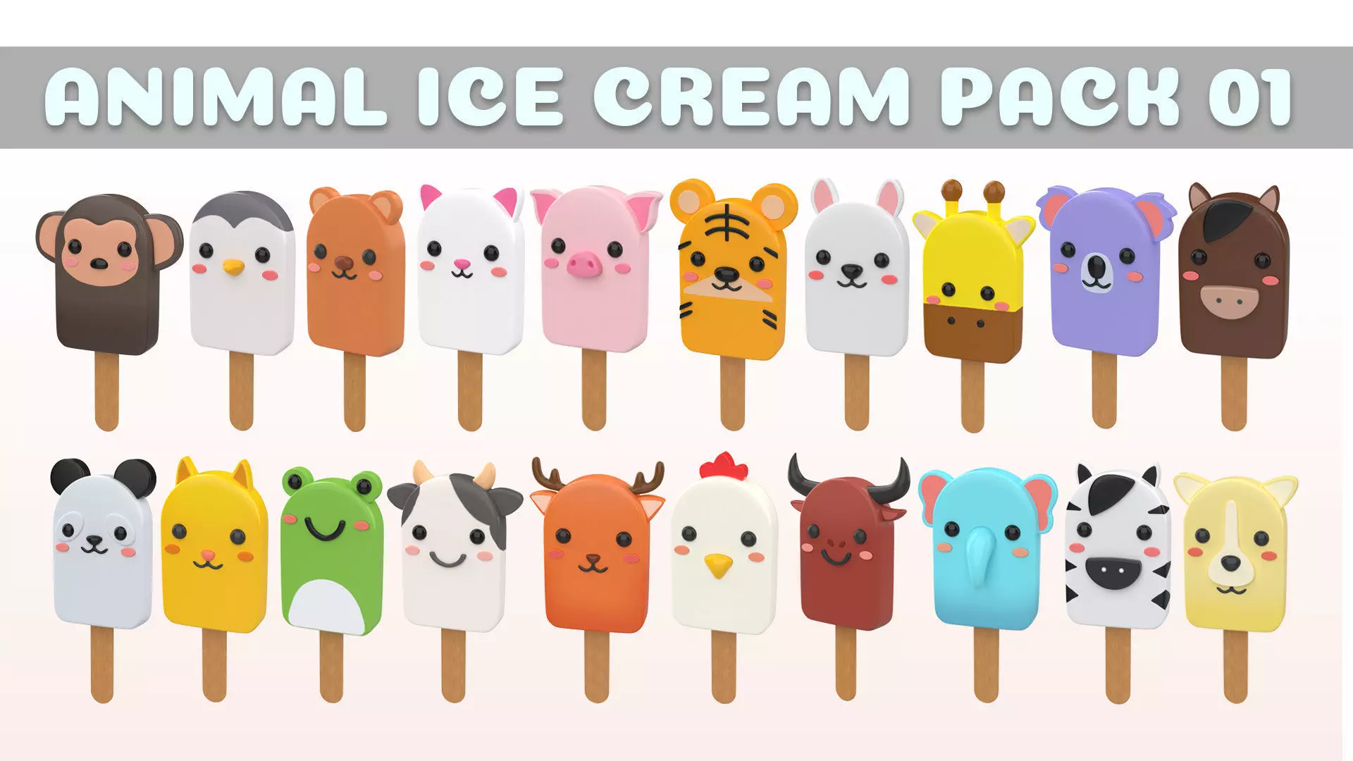 Cartoon Animal Ice Cream Cute Pack 01 Low-poly 3D model_0