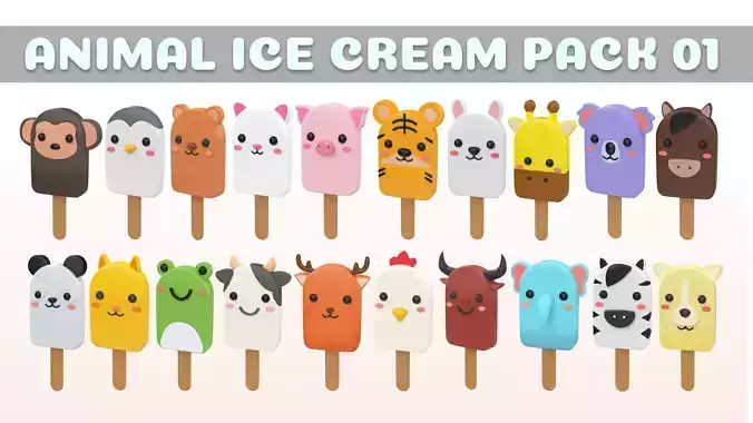 Cartoon Animal Ice Cream Cute Pack 01 Low-poly 3D model