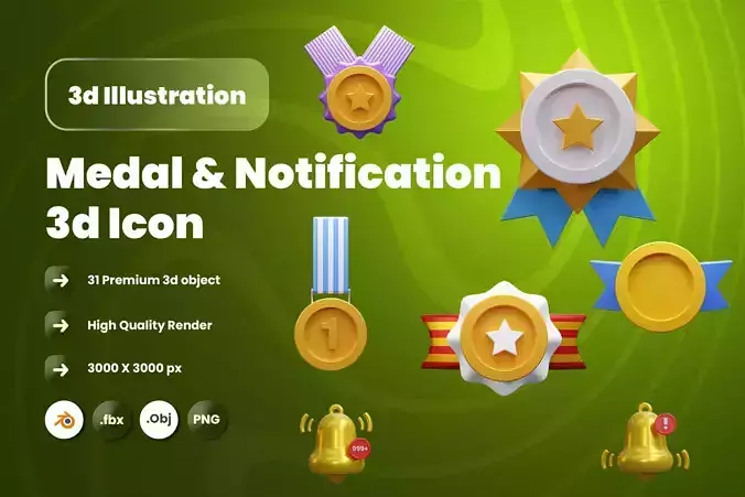 Medal and Notification 3d Illustration  Icon Pack