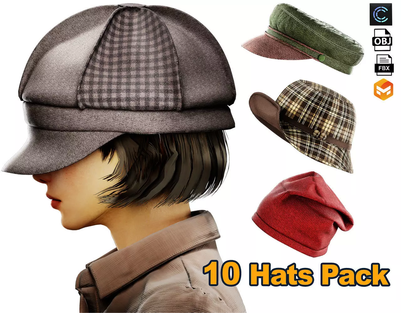 Hat pack Marvelous designer clo3d PBR textures OBJ FBX 3D model_0