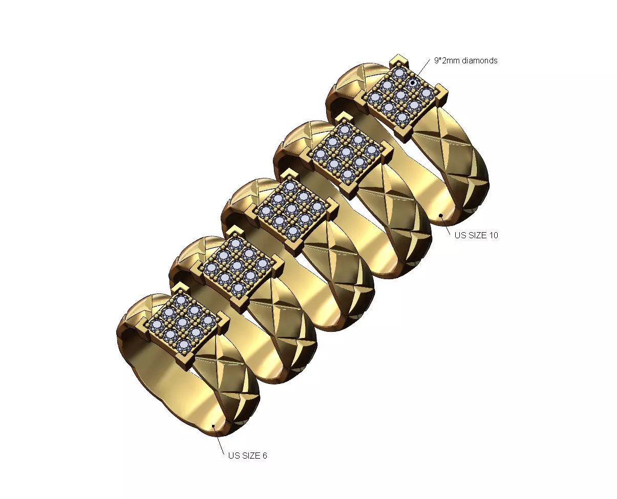 Diamond square cluster cross engraving ring US sizes 6to10 3D print model